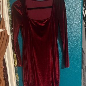 Luxurious Velvet Long Sleeve Dress in Deep Red